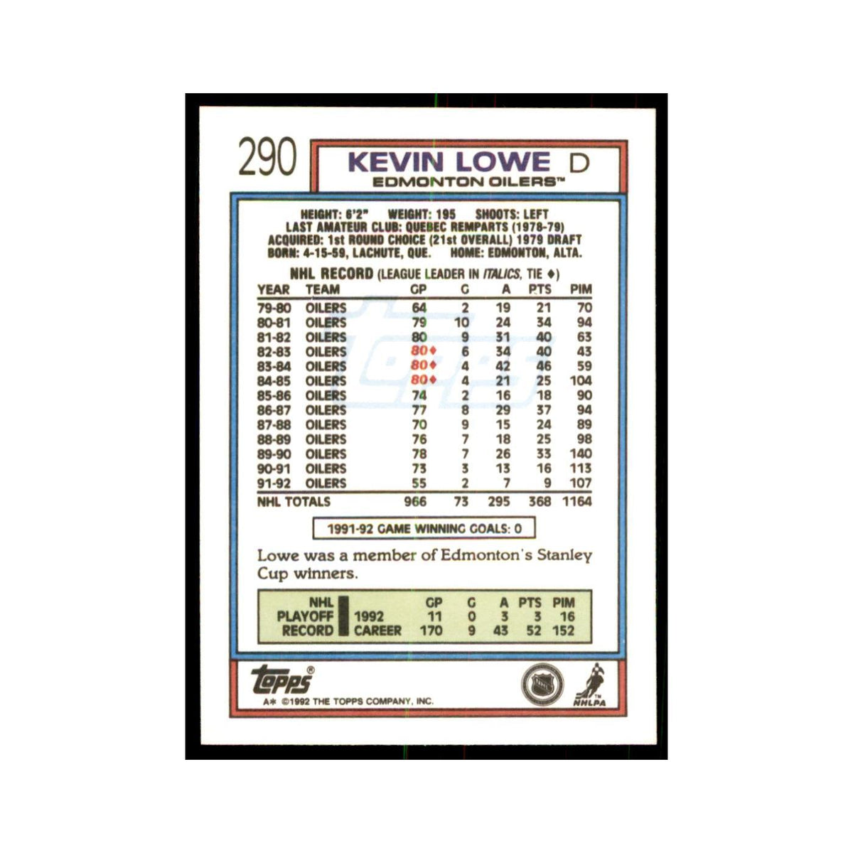 Kevin Lowe 1992 Topps #290 Hockey Cards Hockey Card NM