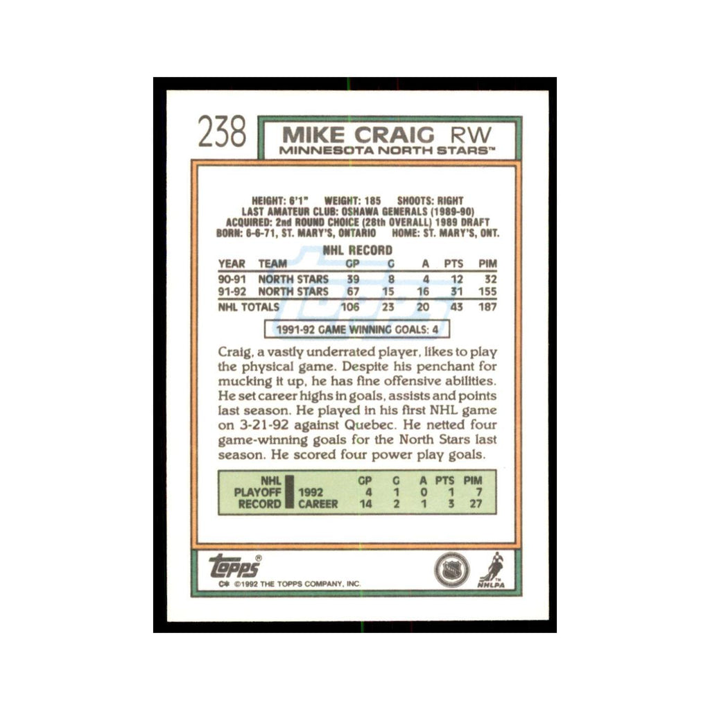 Mike Craig 1992 Topps #238 Hockey Cards Hockey Card NM