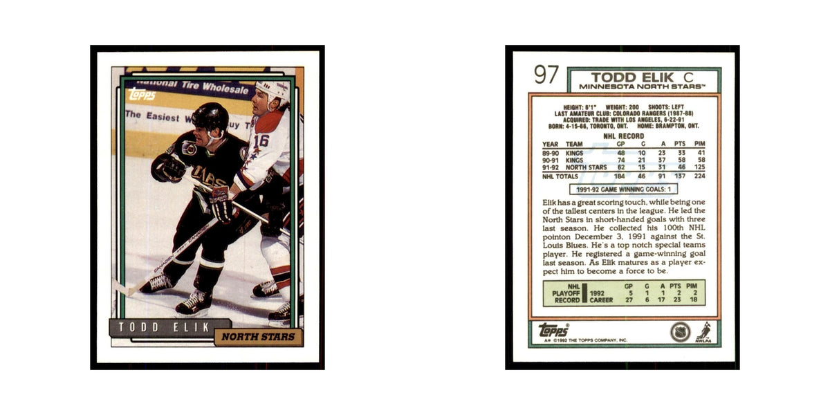Todd Elik 1992 Topps #97 Hockey Cards Hockey Card NM