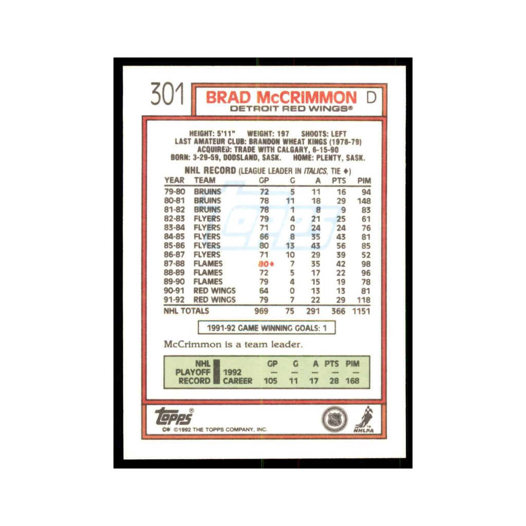 Brad McCrimmon 1992 Topps #301 Hockey Cards Hockey Card NM