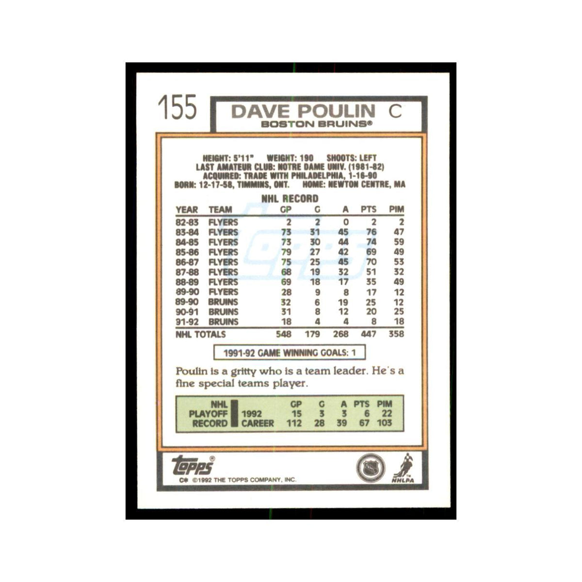 Dave Poulin 1992 Topps #155 Hockey Cards Hockey Card NM