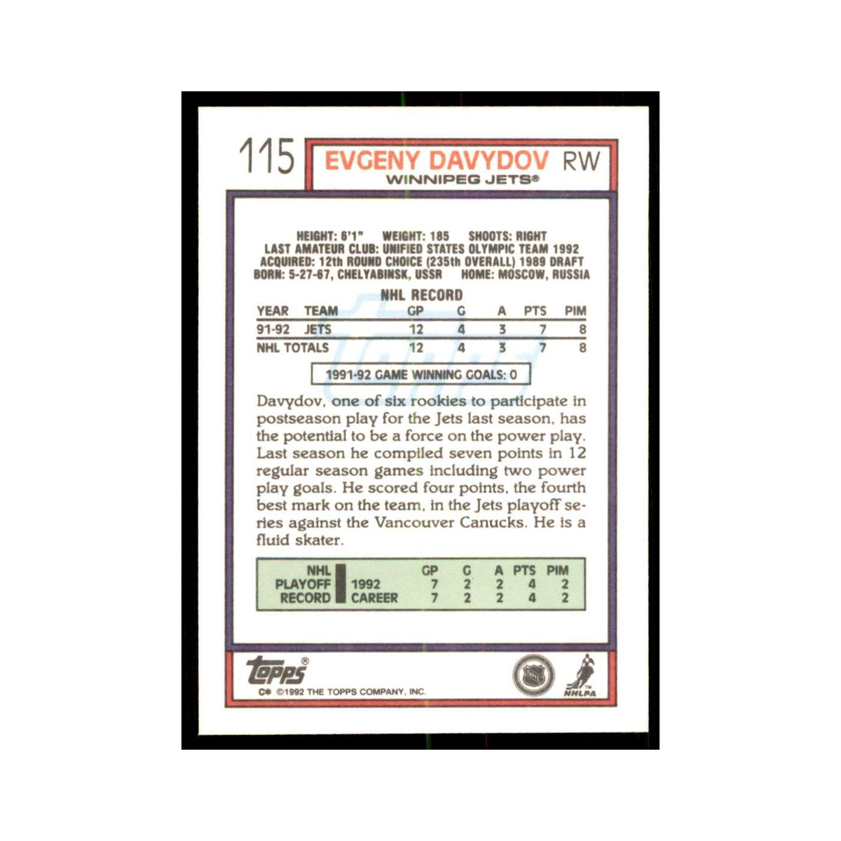 Evgeny Davydov 1992 Topps #115 Hockey Cards Hockey Card NM