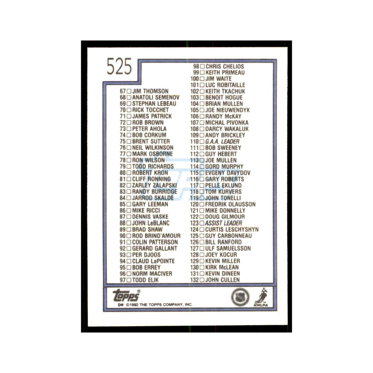 Checklist 1 1992 Topps #525 Hockey Cards Hockey Card NM