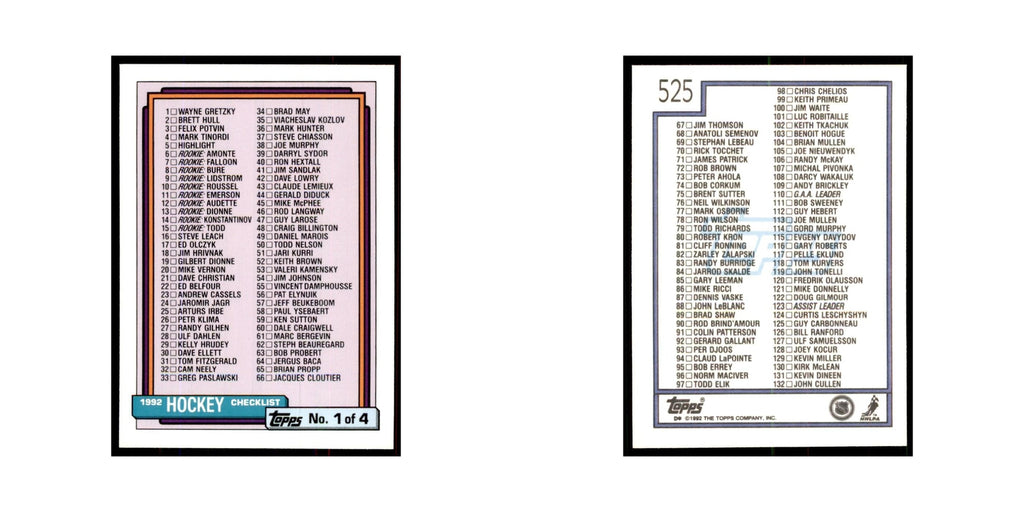 Checklist 1 1992 Topps #525 Hockey Cards Hockey Card NM