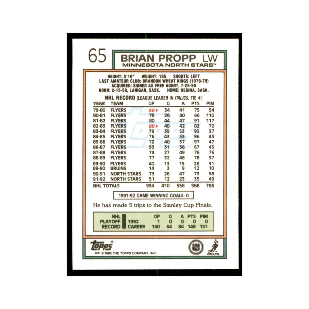 Brian Propp 1992 Topps #65 Hockey Cards Hockey Card NM