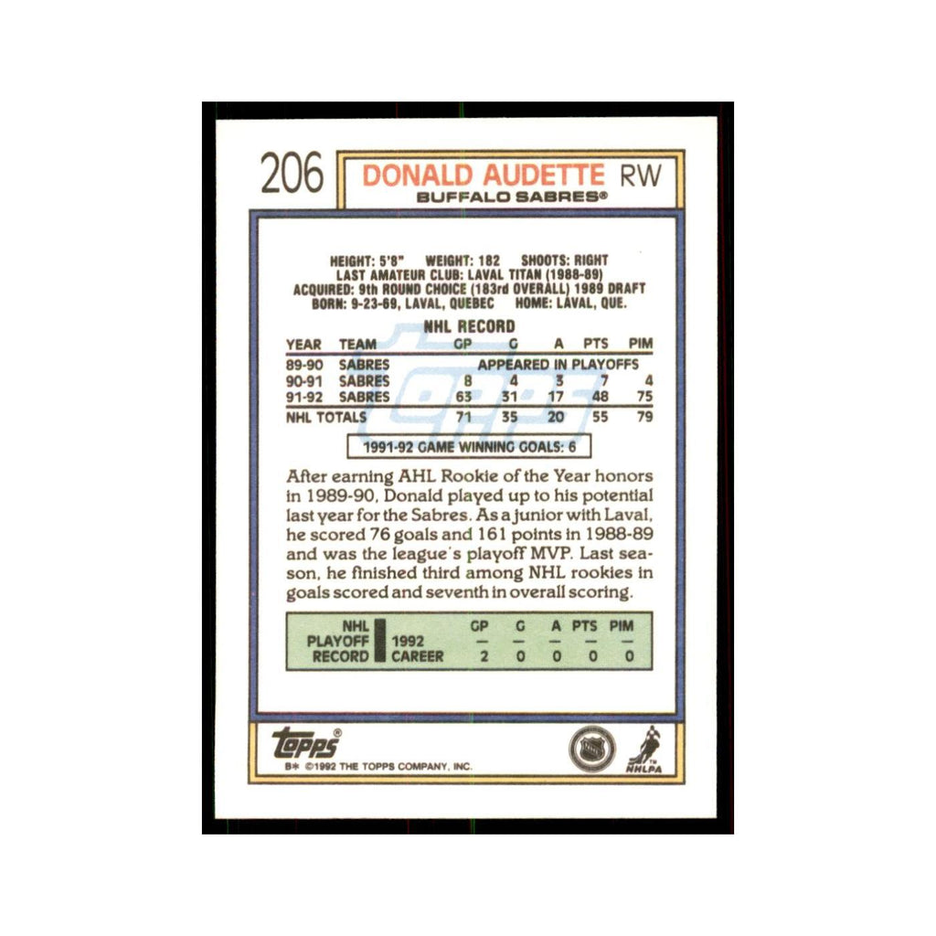 Donald Audette 1992 Topps #206 Hockey Cards Hockey Card NM
