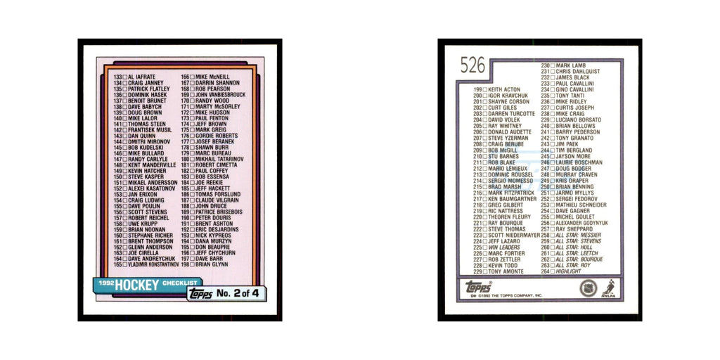 Checklist 2 1992 Topps #526 Hockey Cards Hockey Card NM