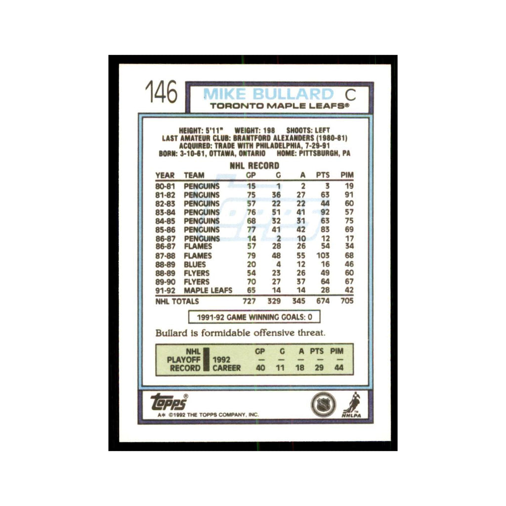 Mike Bullard 1992 Topps #146 Hockey Cards Hockey Card NM
