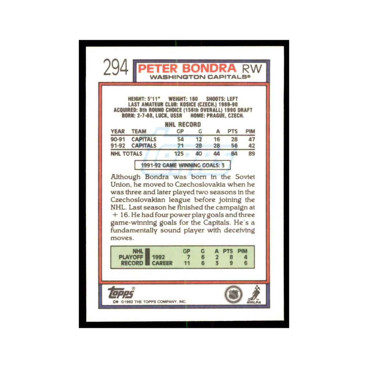 Peter Bondra 1992 Topps #294 Hockey Cards Hockey Card NM
