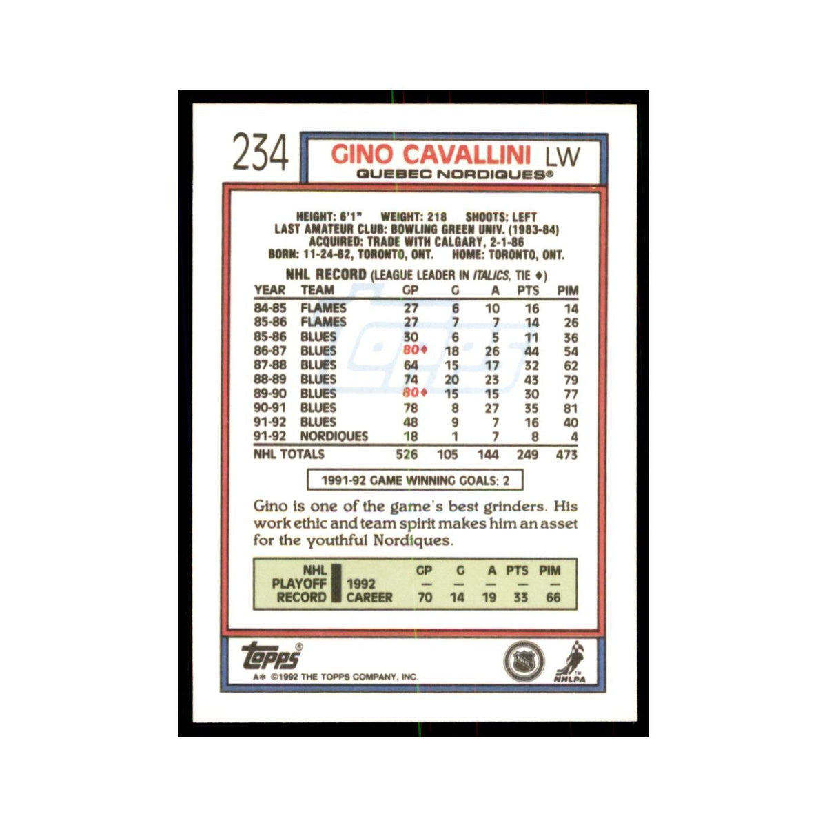 Gino Cavallini 1992 Topps #234 Hockey Cards Hockey Card NM
