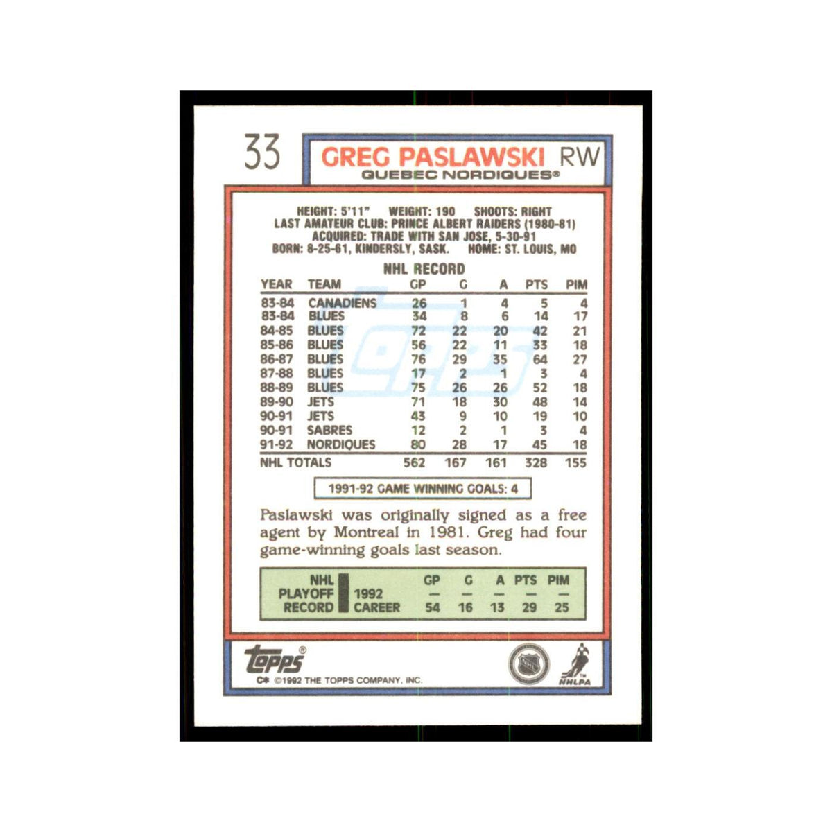 Greg Paslawski 1992 Topps #33 Hockey Cards Hockey Card NM