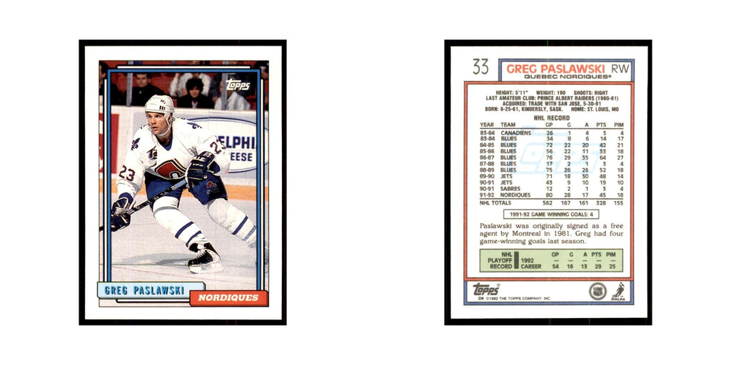 Greg Paslawski 1992 Topps #33 Hockey Cards Hockey Card NM