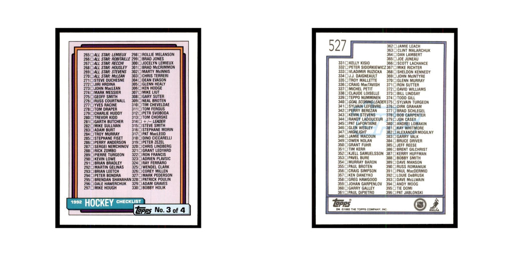 Checklist 3 1992 Topps #527 Hockey Cards Hockey Card NM