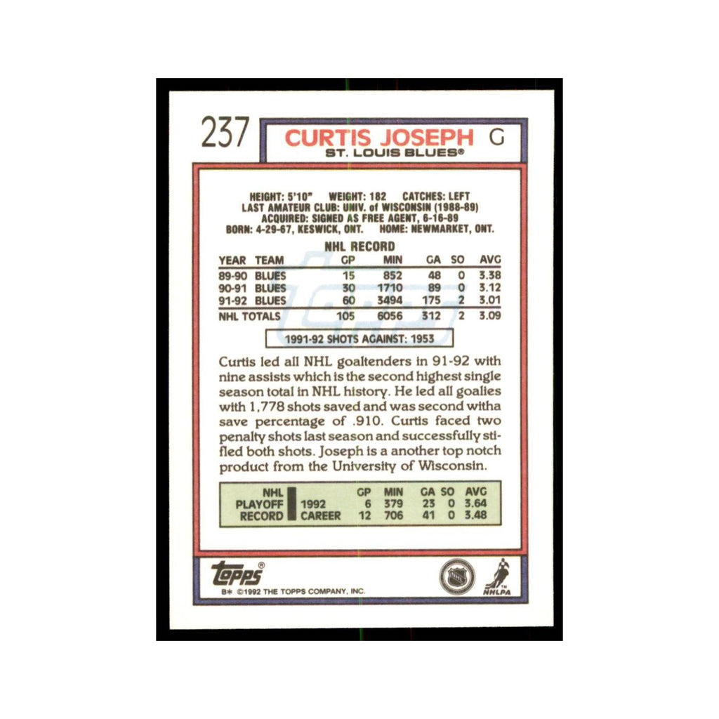 Curtis Joseph 1992 Topps #237 Hockey Cards Hockey Card NM