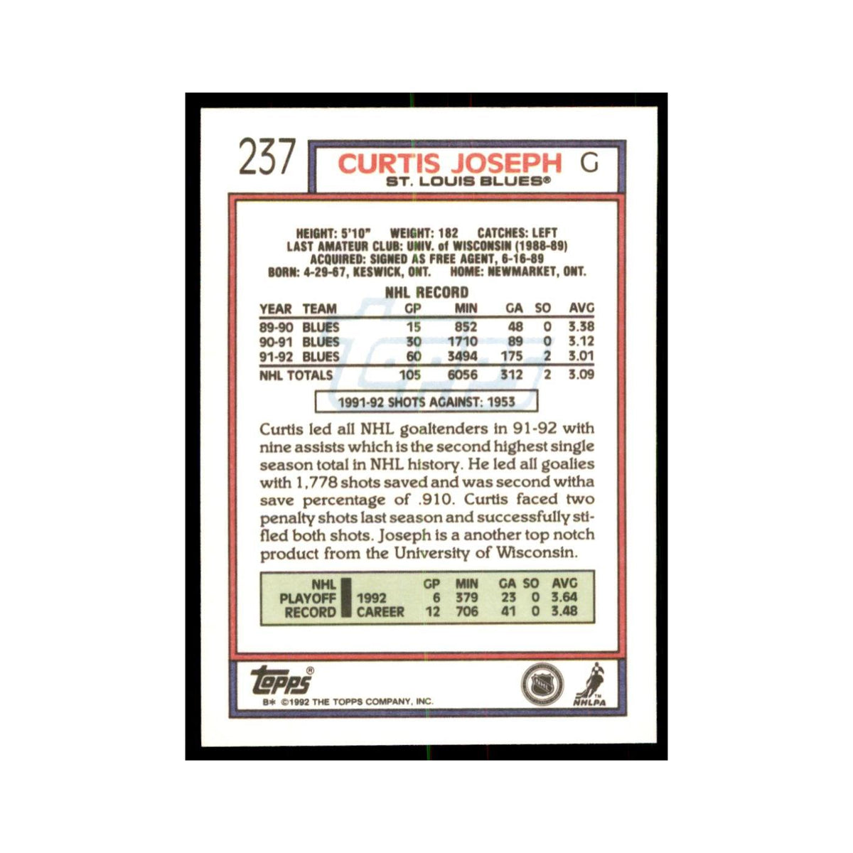 Curtis Joseph 1992 Topps #237 Hockey Cards Hockey Card NM