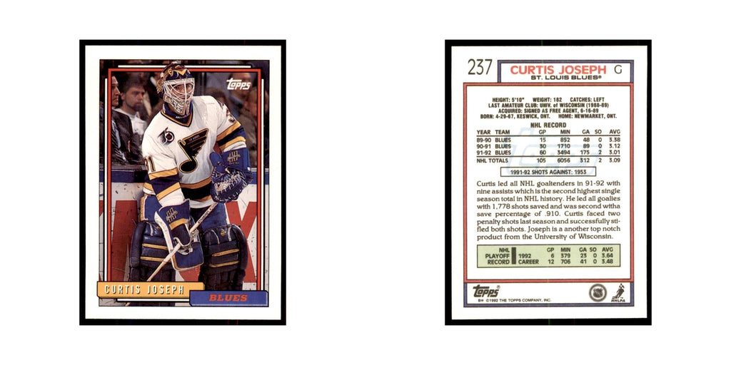 Curtis Joseph 1992 Topps #237 Hockey Cards Hockey Card NM