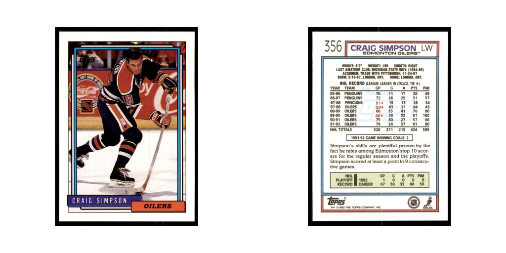 Craig Simpson 1992 Topps #356 Hockey Cards Hockey Card NM