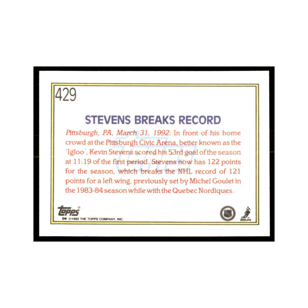 Kevin Stevens 1992 Topps #429 Hockey Cards Hockey Card NM