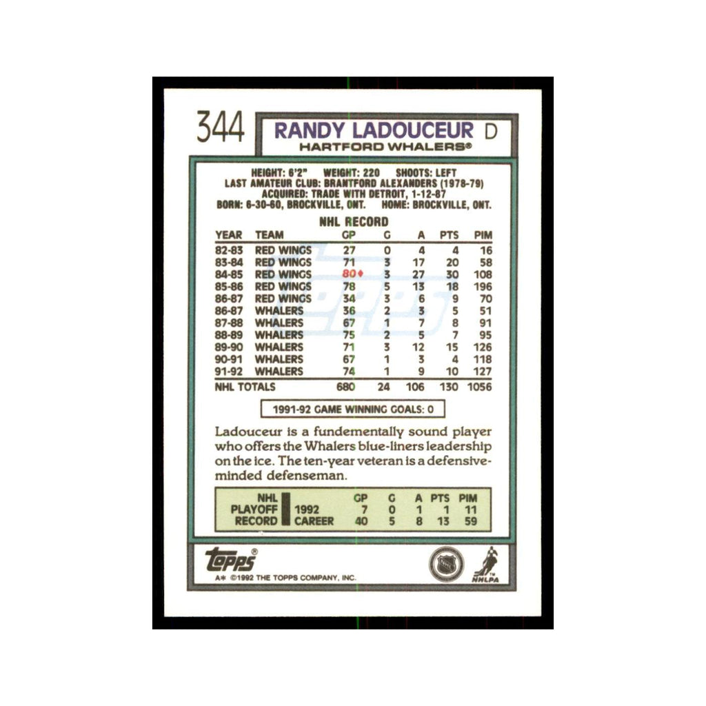 Randy Ladouceur 1992 Topps #344 Hockey Cards Hockey Card NM