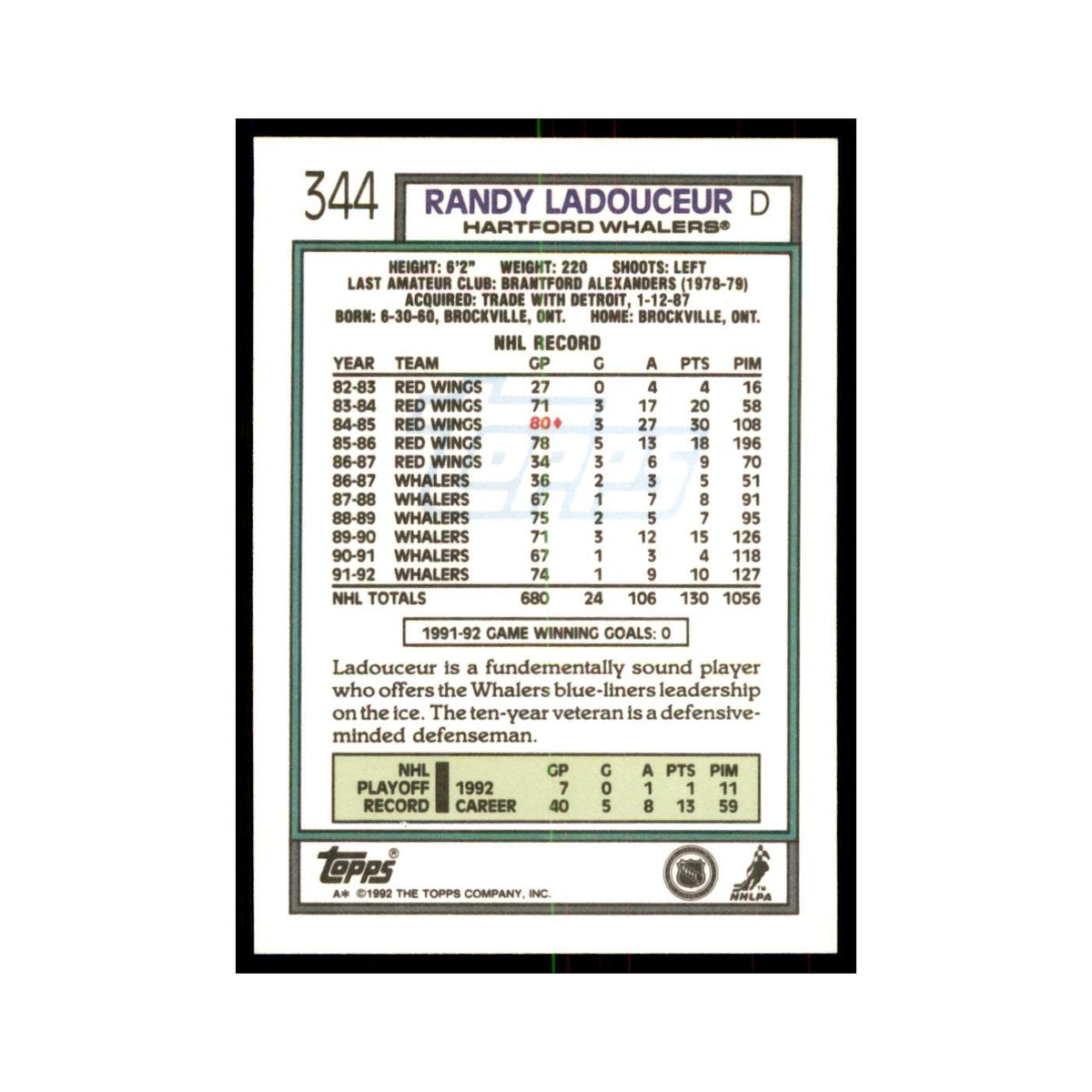 Randy Ladouceur 1992 Topps #344 Hockey Cards Hockey Card NM