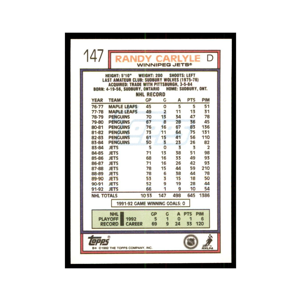 Randy Carlyle 1992 Topps #147 Hockey Cards Hockey Card NM