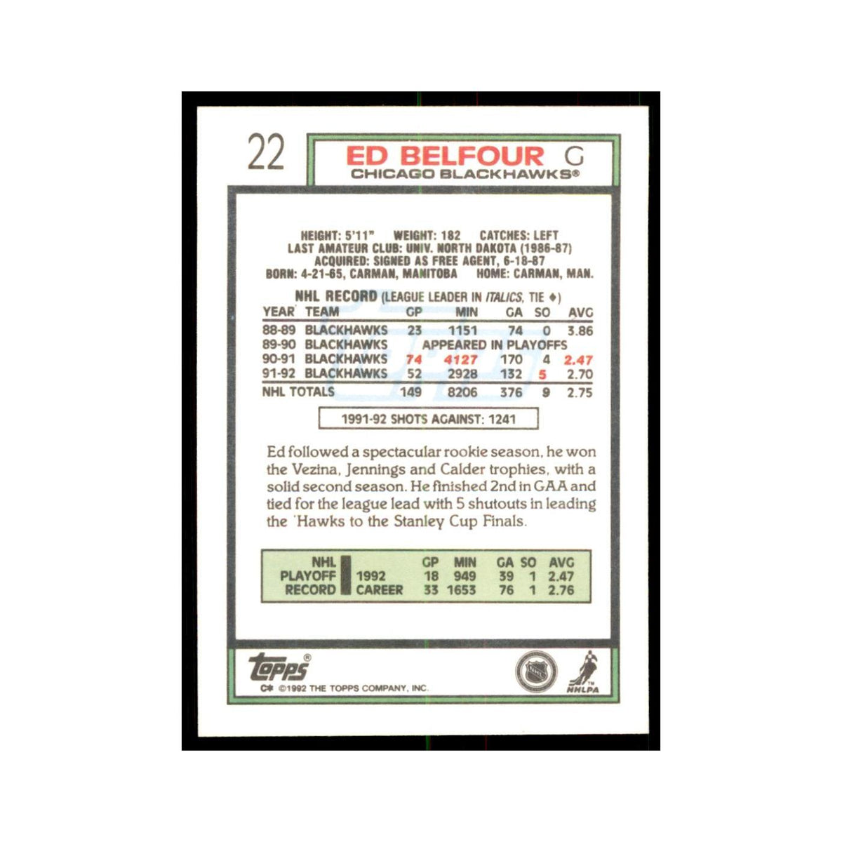 Ed Belfour 1992 Topps #22 Hockey Cards Hockey Card NM
