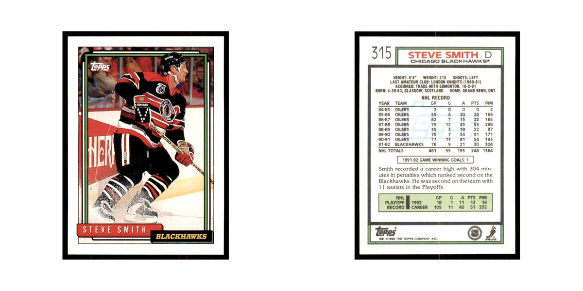 Steve Smith 1992 Topps #315 Hockey Cards Hockey Card NM