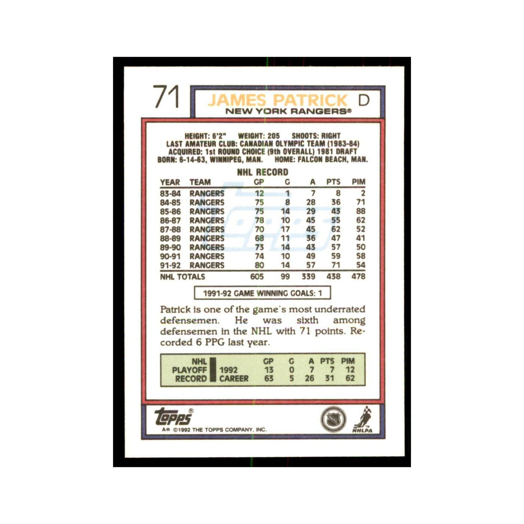 James Patrick 1992 Topps #71 Hockey Cards Hockey Card NM