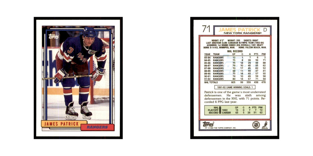 James Patrick 1992 Topps #71 Hockey Cards Hockey Card NM