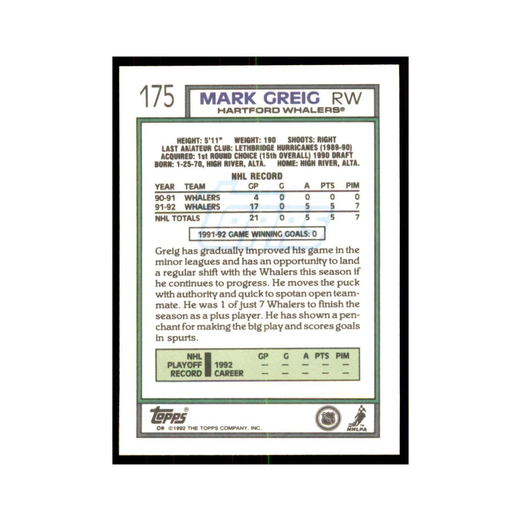 Mark Greig 1992 Topps #175 Hockey Cards Hockey Card NM