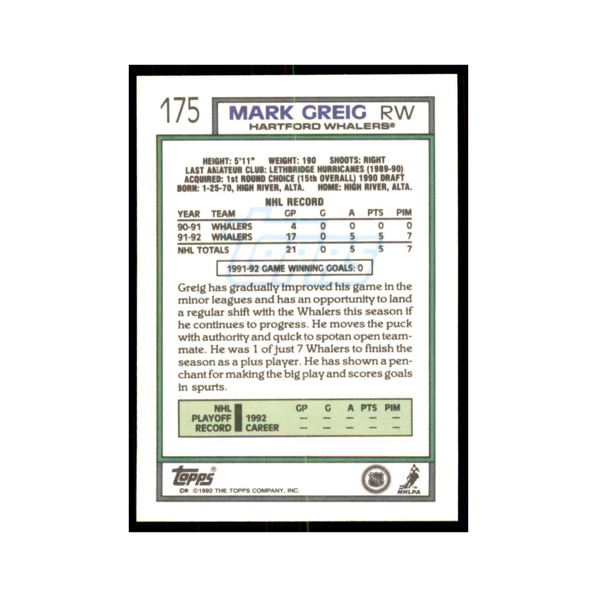 Mark Greig 1992 Topps #175 Hockey Cards Hockey Card NM