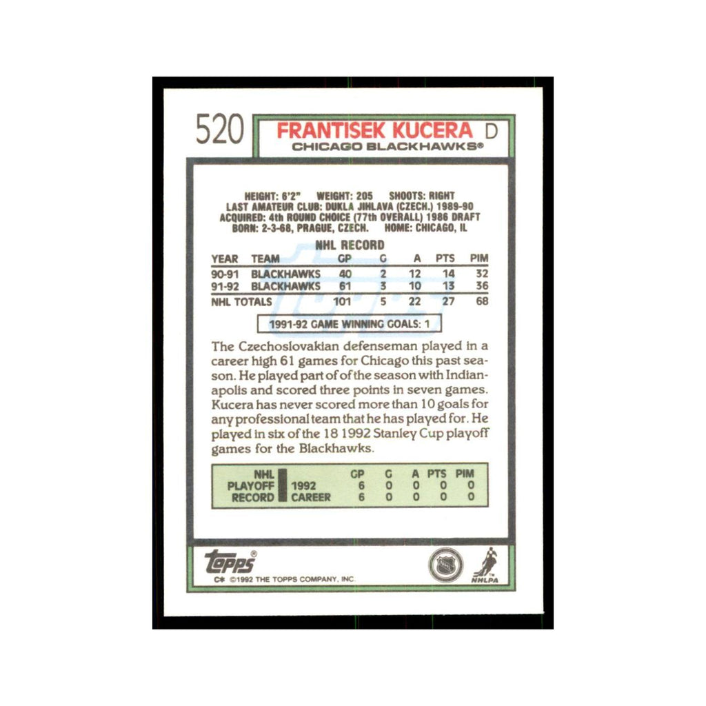 Frantisek Kucera 1992 Topps #520 Hockey Cards Hockey Card NM
