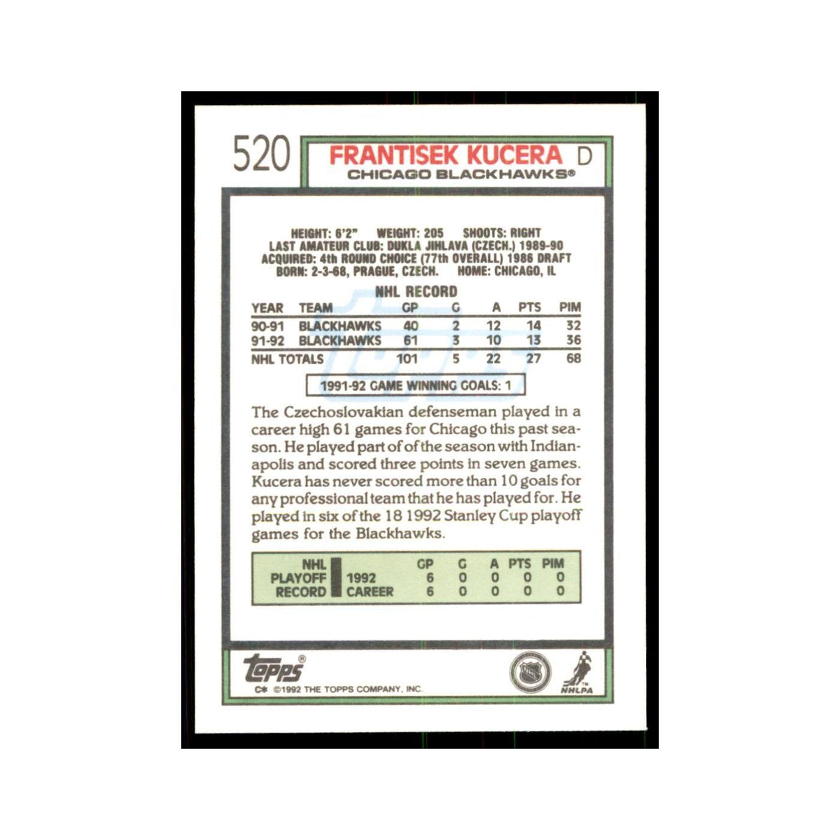 Frantisek Kucera 1992 Topps #520 Hockey Cards Hockey Card NM
