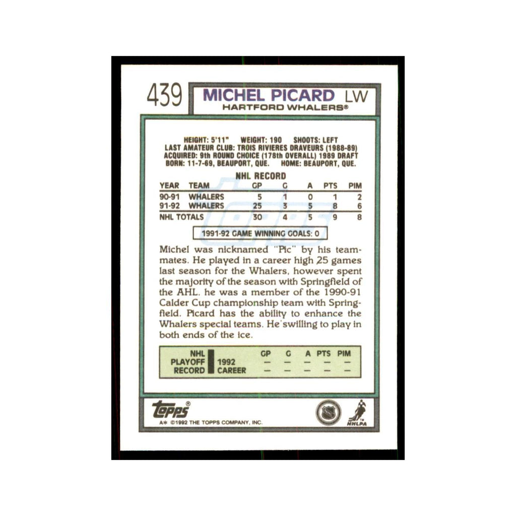 Michel Picard 1992 Topps #439 Hockey Cards Hockey Card NM
