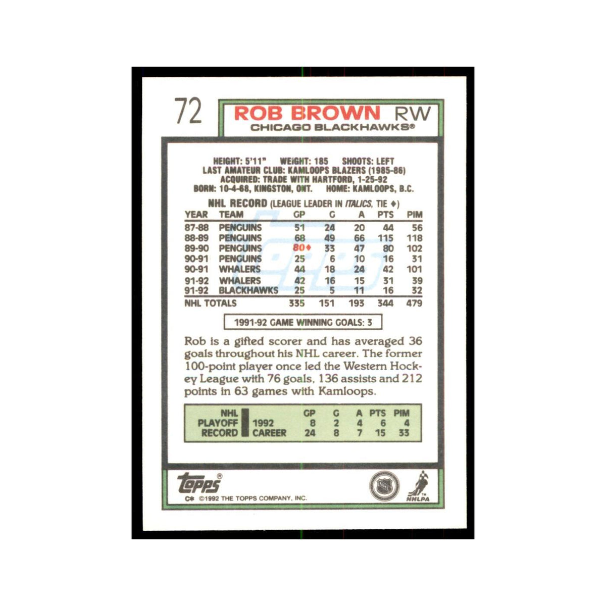 Rob Brown 1992 Topps #72 Hockey Cards Hockey Card NM
