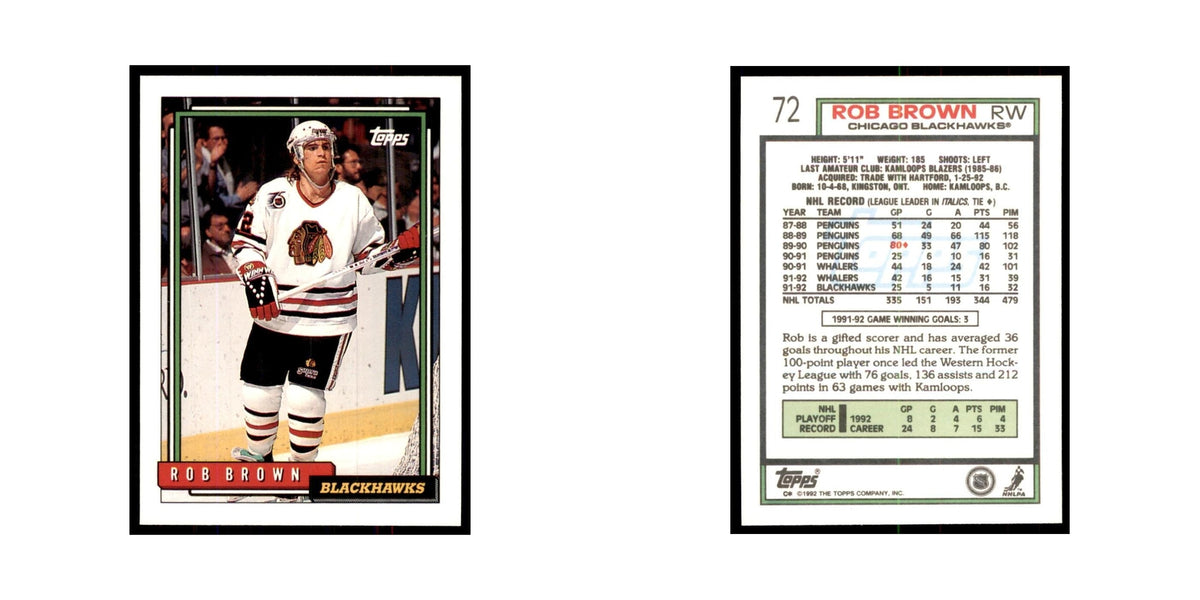 Rob Brown 1992 Topps #72 Hockey Cards Hockey Card NM