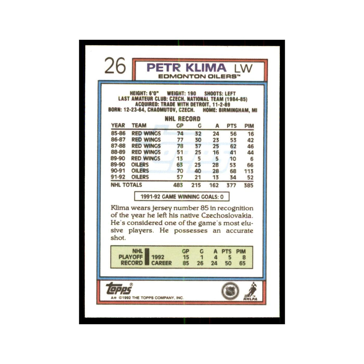 Petr Klima 1992 Topps #26 Hockey Cards Hockey Card NM