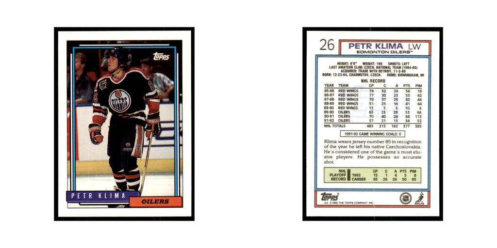 Petr Klima 1992 Topps #26 Hockey Cards Hockey Card NM