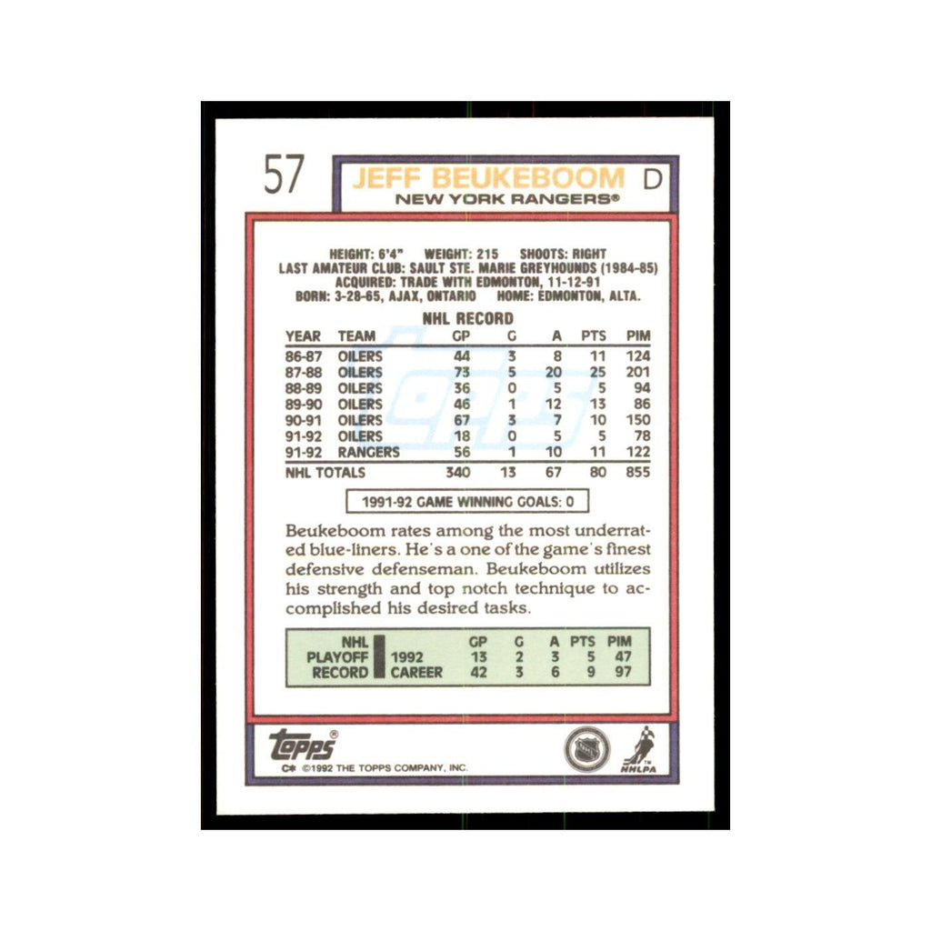Jeff Beukeboom 1992 Topps #57 Hockey Cards Hockey Card NM