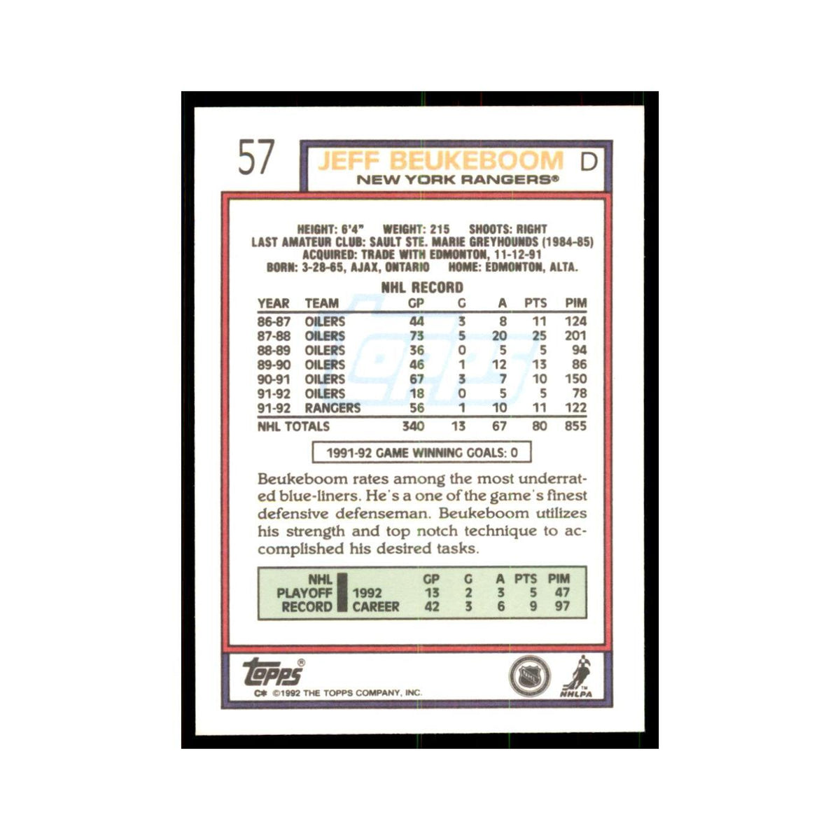 Jeff Beukeboom 1992 Topps #57 Hockey Cards Hockey Card NM