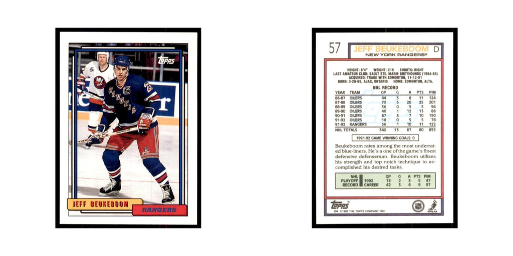 Jeff Beukeboom 1992 Topps #57 Hockey Cards Hockey Card NM