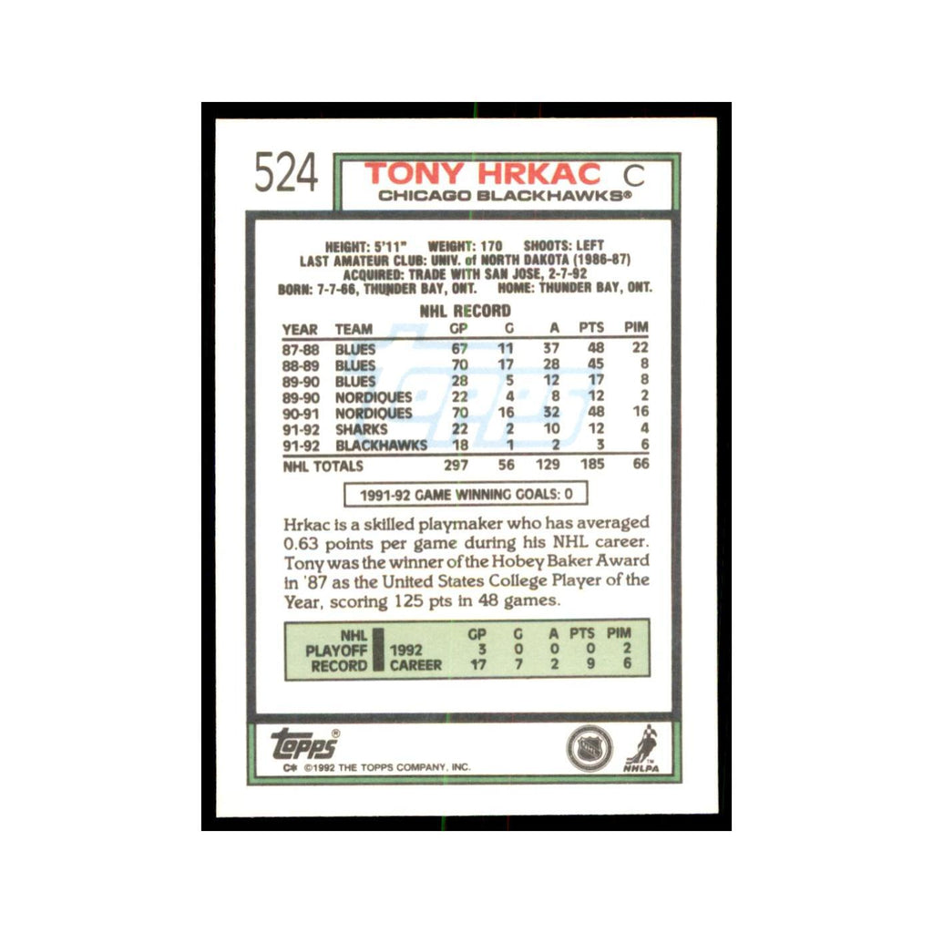 Tony Hrkac 1992 Topps #524 Hockey Cards Hockey Card NM