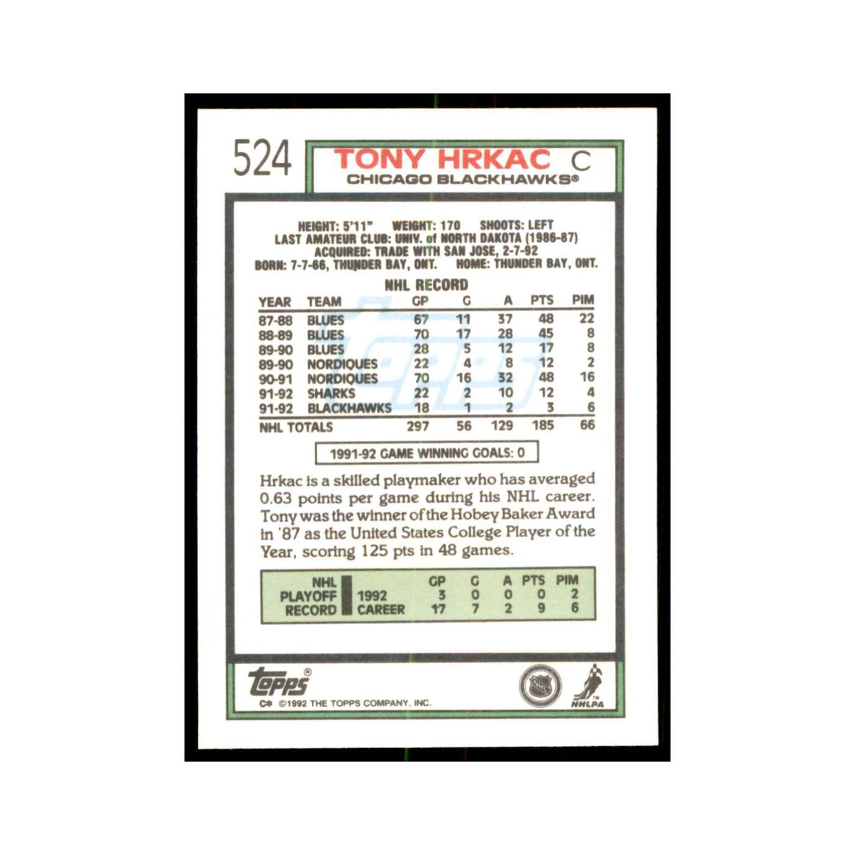Tony Hrkac 1992 Topps #524 Hockey Cards Hockey Card NM