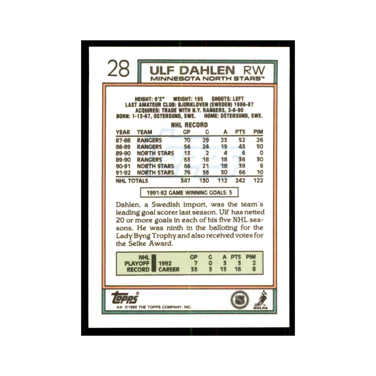 Ulf Dahlen 1992 Topps #28 Hockey Cards Hockey Card NM