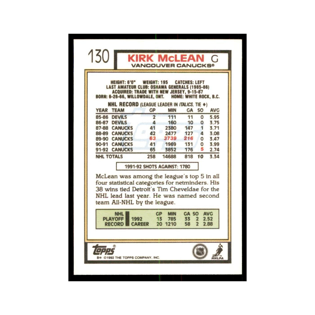 Kirk McLean 1992 Topps #130 Hockey Cards Hockey Card NM