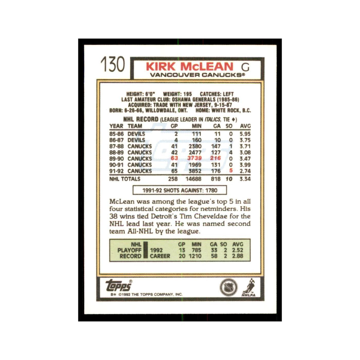 Kirk McLean 1992 Topps #130 Hockey Cards Hockey Card NM