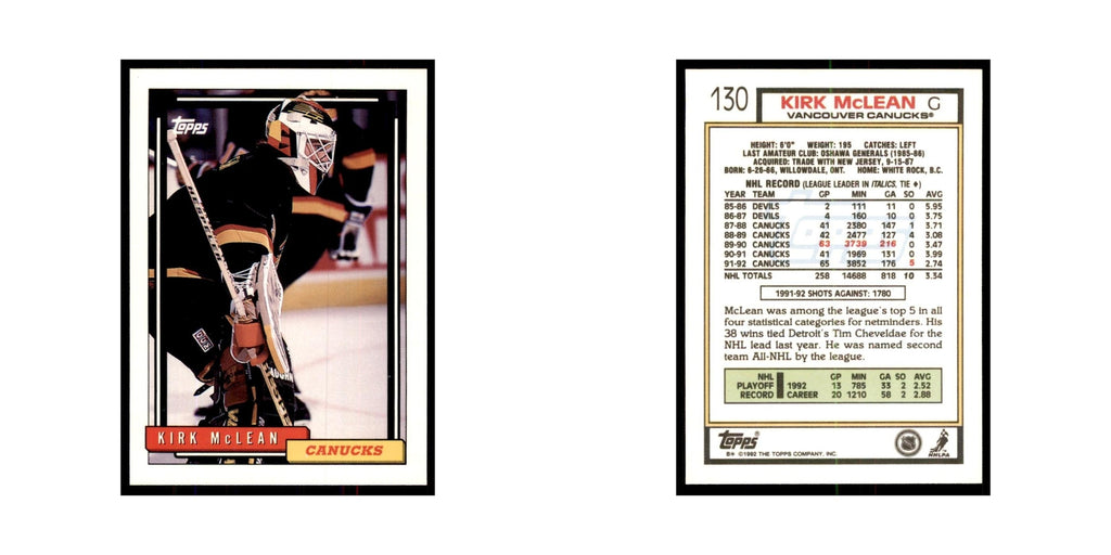 Kirk McLean 1992 Topps #130 Hockey Cards Hockey Card NM