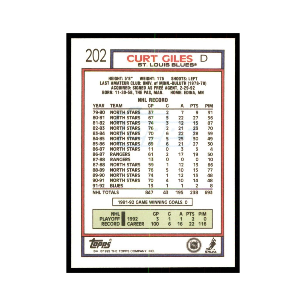 Curt Giles 1992 Topps #202 Hockey Cards Hockey Card NM