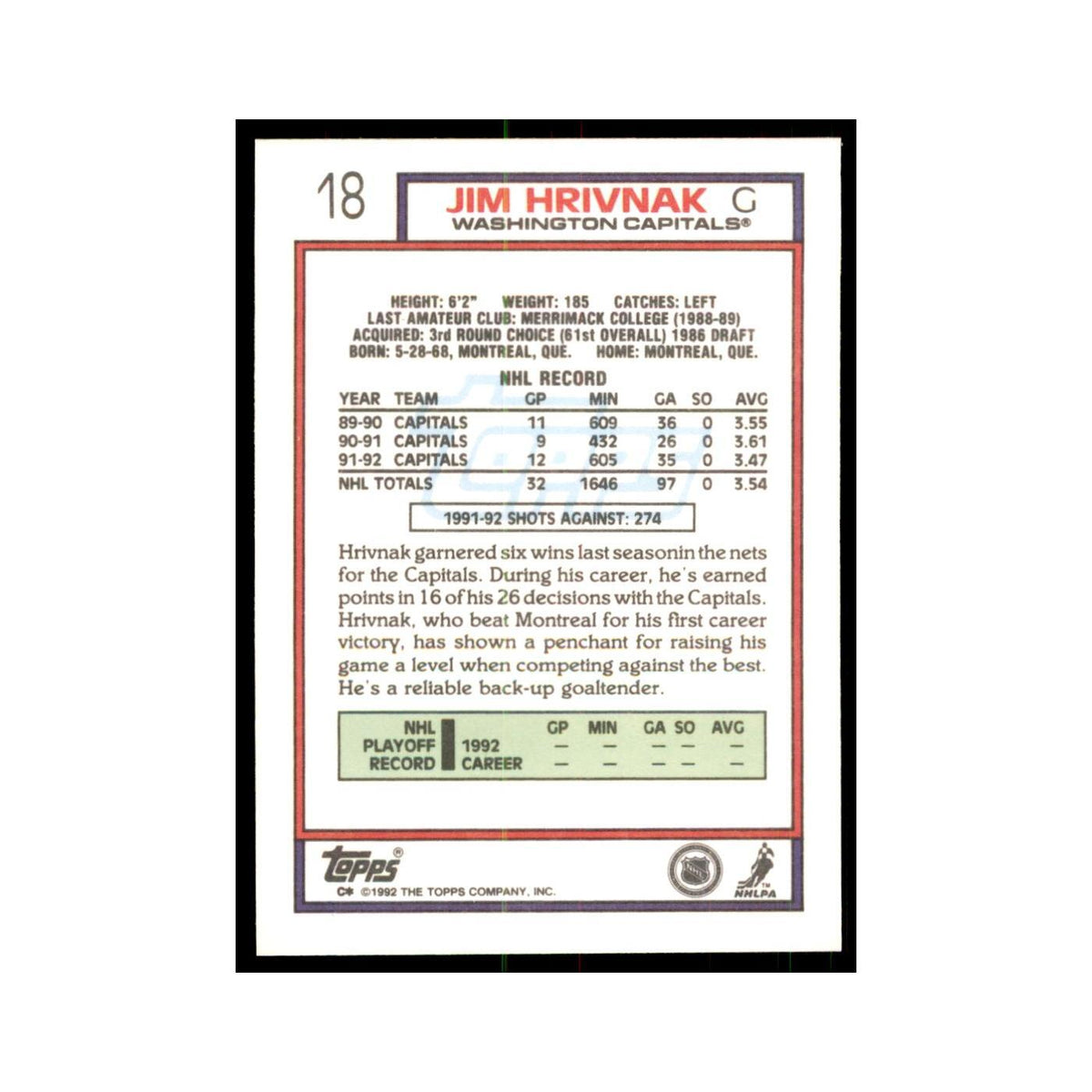 Jim Hrivnak 1992 Topps #18 Hockey Cards Hockey Card NM