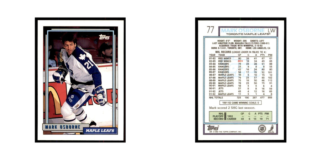 Mark Osborne 1992 Topps #77 Hockey Cards Hockey Card NM